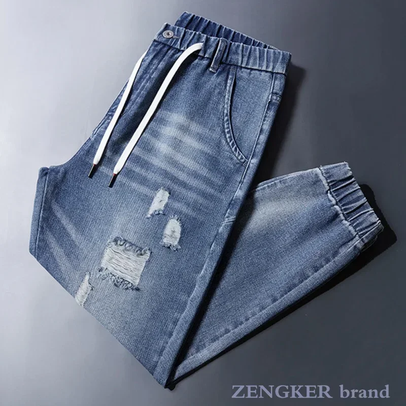 남성용 신축성 있는 레이스업 청바지, 하이 웨이스트, 플러스 사이즈, 찢어진 긴 바지, 남자 친구 힙합 청바지, 7XL, 8XL