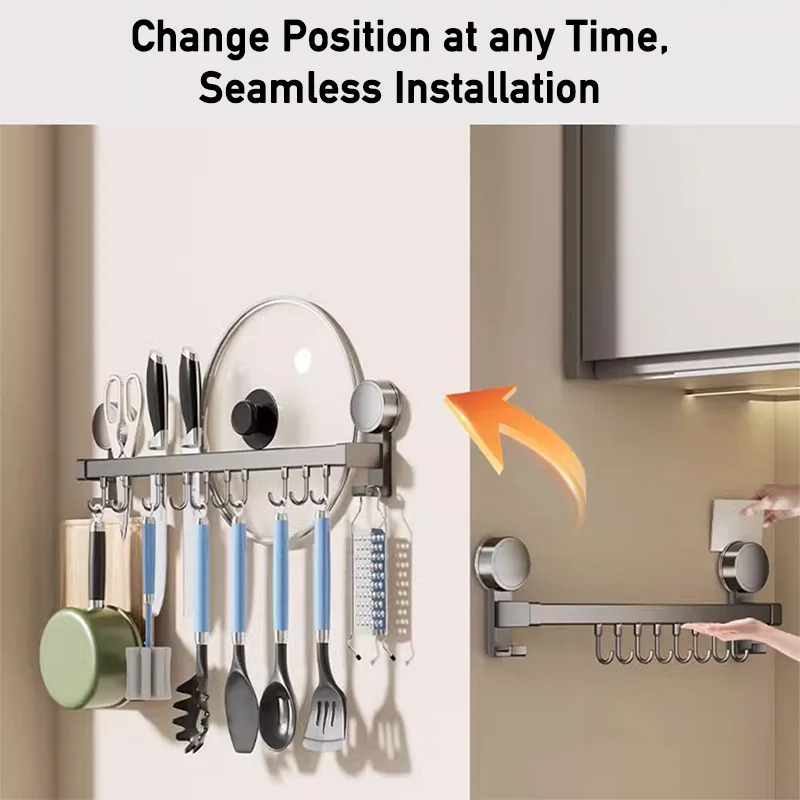 Suction Cup Kitchen Hanging Rack with Sliding Hooks Wall Mount Cooking Tool Utensils Hanger Knife Spoon Movable Hanging Shelf