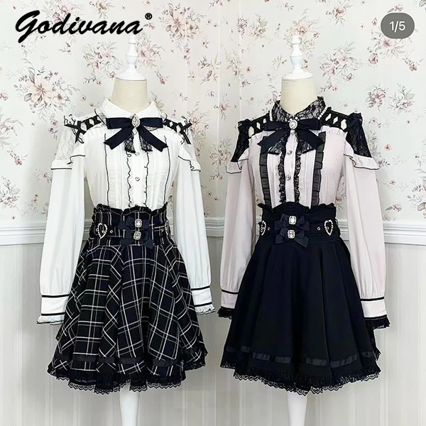 

Japanese Liz Mine Mass-Produced Sweet Pearl Bow Long Sleeve Lace Blouse Shirt High Waist Skirt Two Piece Lolita Women Skirt Set