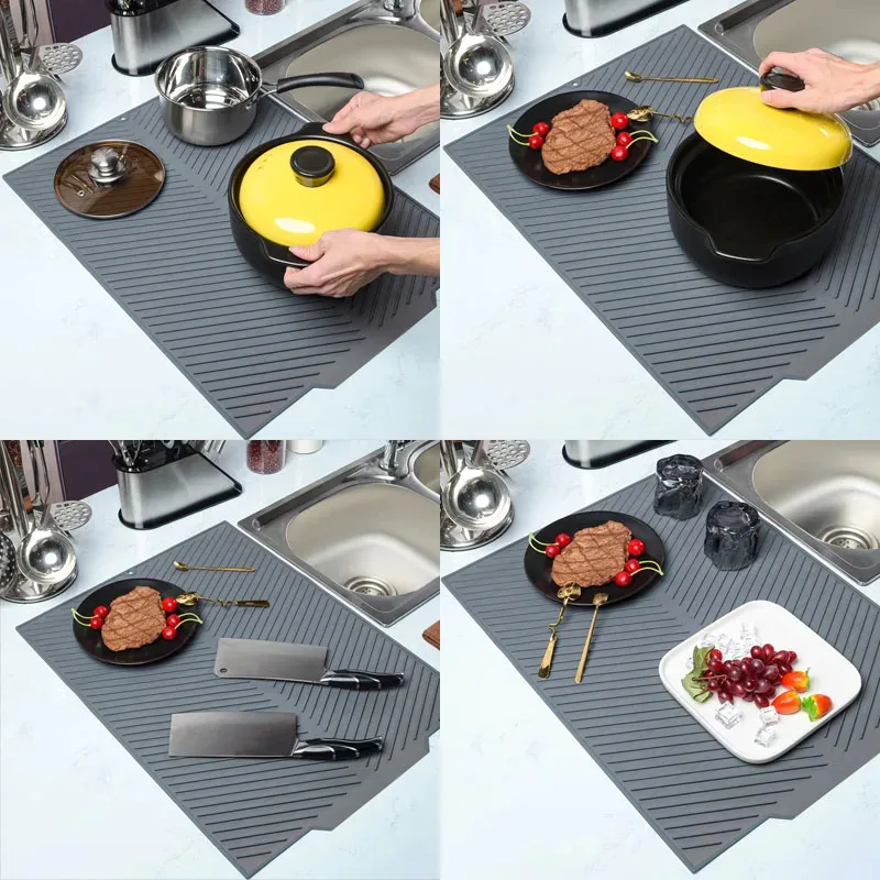 Silicone Draining Board Mat Drying Pad Folding Heat Machine Mat Raised Edges Countertop Mats Dish Kitchen Pot Cup