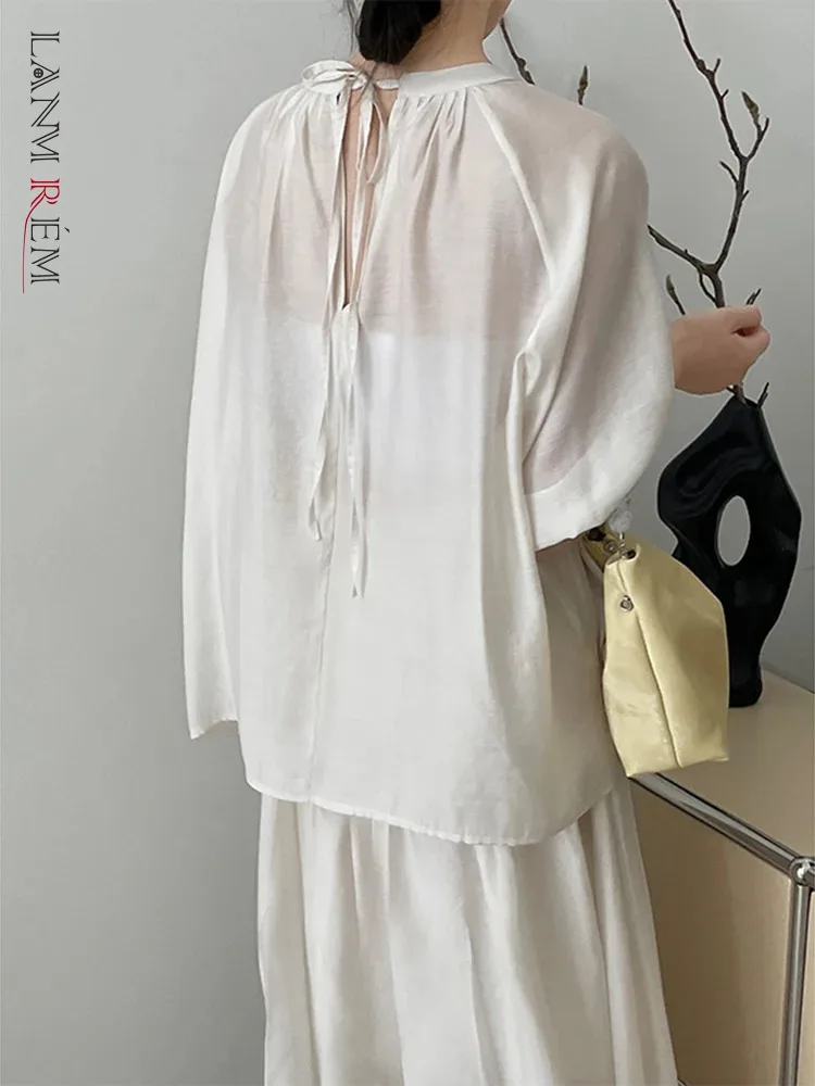 

Блузка LANMREM Женская Повседневная с круглым вырезом, однотонная свободная ажурная рубашка со складками, со шнуровкой, лето 2024