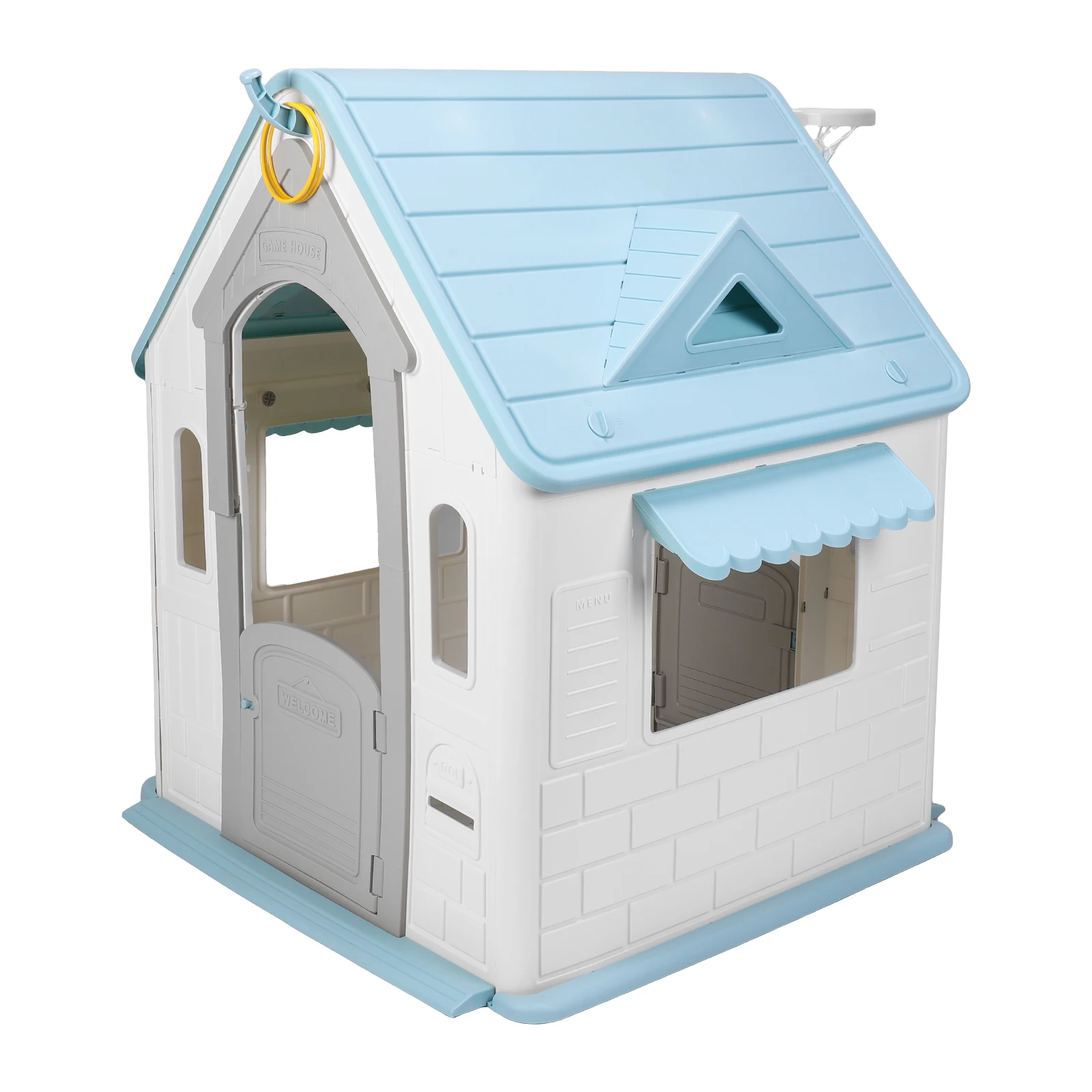 Kids Playhouse with Basketball Hoop Dartboard Garden Games Cottage (Light Blue)