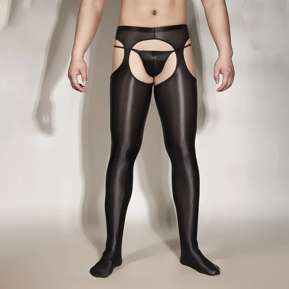 Men Sexy Pantyhose Oil Shiny Leggings See Through Glossy Stockings Open Crotch Long Pants Male Erotic Pants Transparent Tights