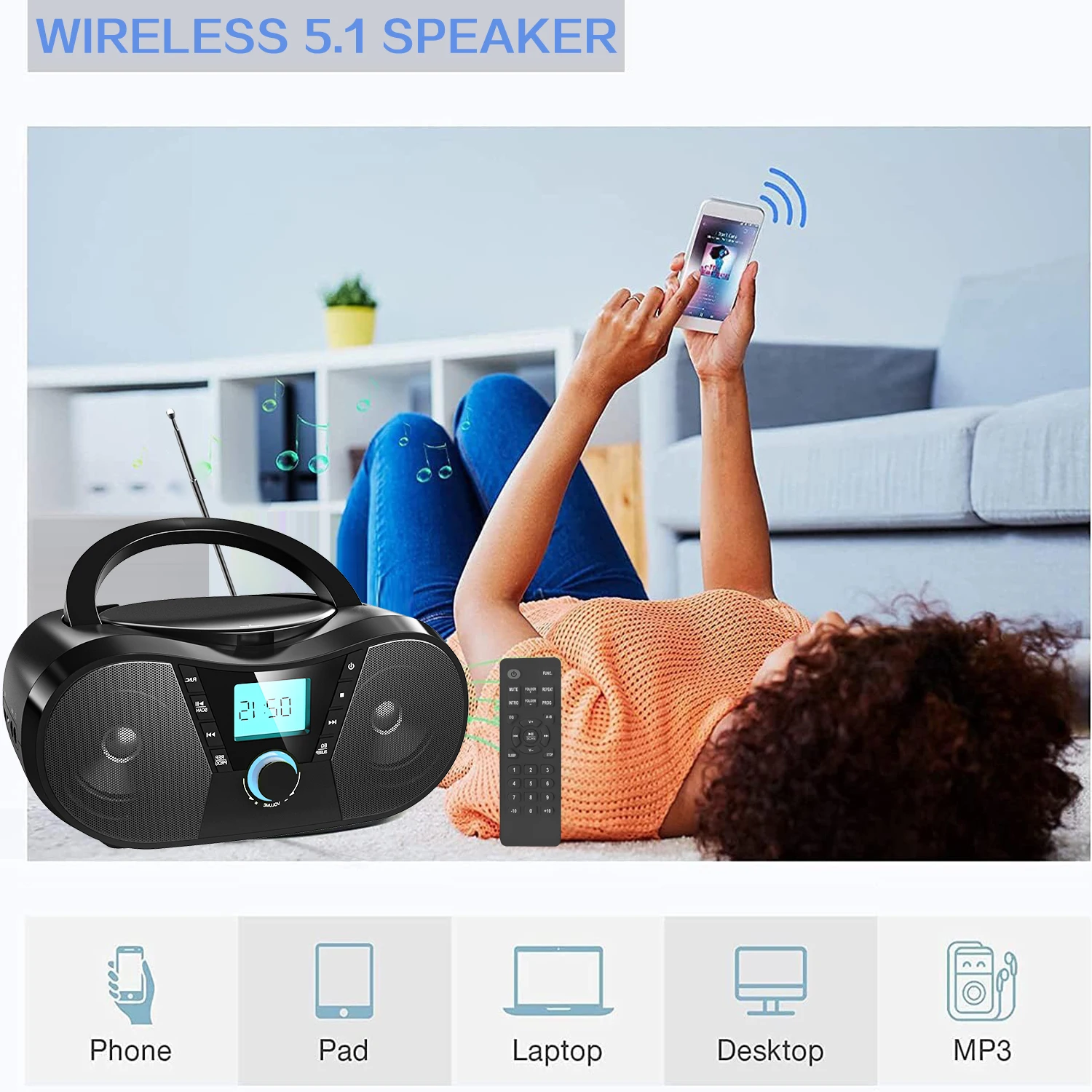 Multi-Functional CD player USB player Dual stereo speakers Remote control Bluetooth speakers FM Radio
