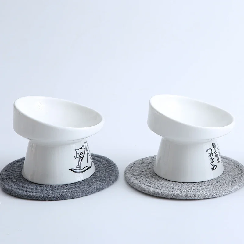 Cat bowl protection cervical spine ceramic high foot oblique mouth cute Japanese cat food basin and drinking