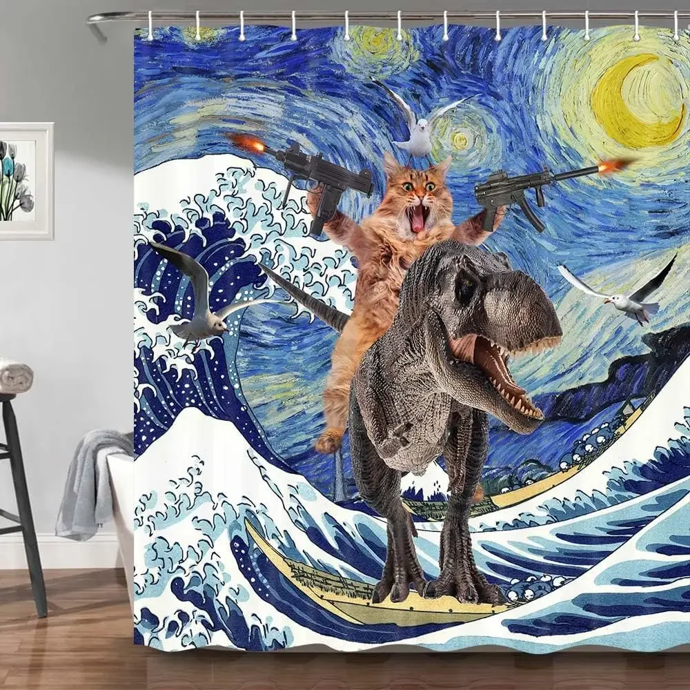 Funny Cat Dinosaur Shower Curtain Fishing Japanese Ocean Wave Rustic Wood Farmhouse Fabric Kids Bath Curtains for Bathroom Decor 3