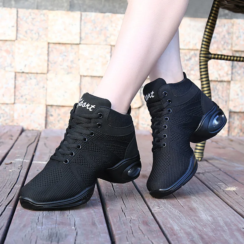 High Top Square Dance Shoes Mesh Breathable Middle Heel Jazz Dance Shoes Soft Soled Fitness Modern Dance Shoes For Women