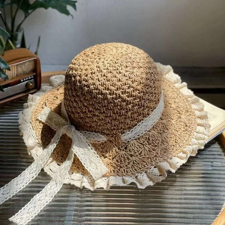 Summer Hats for Women Hand Woven Lace Trim Foldable Straw Hat