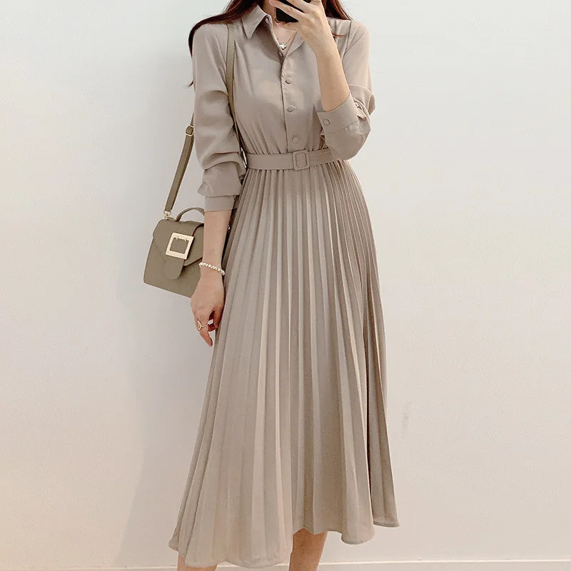 

Женское платье-рубашка средней длины, элегантное плиссированное платье с отложным воротником и рукавами-фонариками, на шнуровке, в японском и корейском стиле, весна-лето