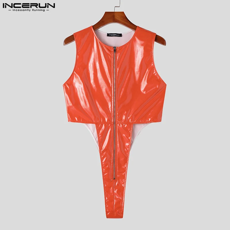 INCERUN 2023 Sexy Homewear New Men's Bodysuits Fashion Male Mirror Leather High Fork Zipper Sleeveless Triangle Jumpsuits S-5XL