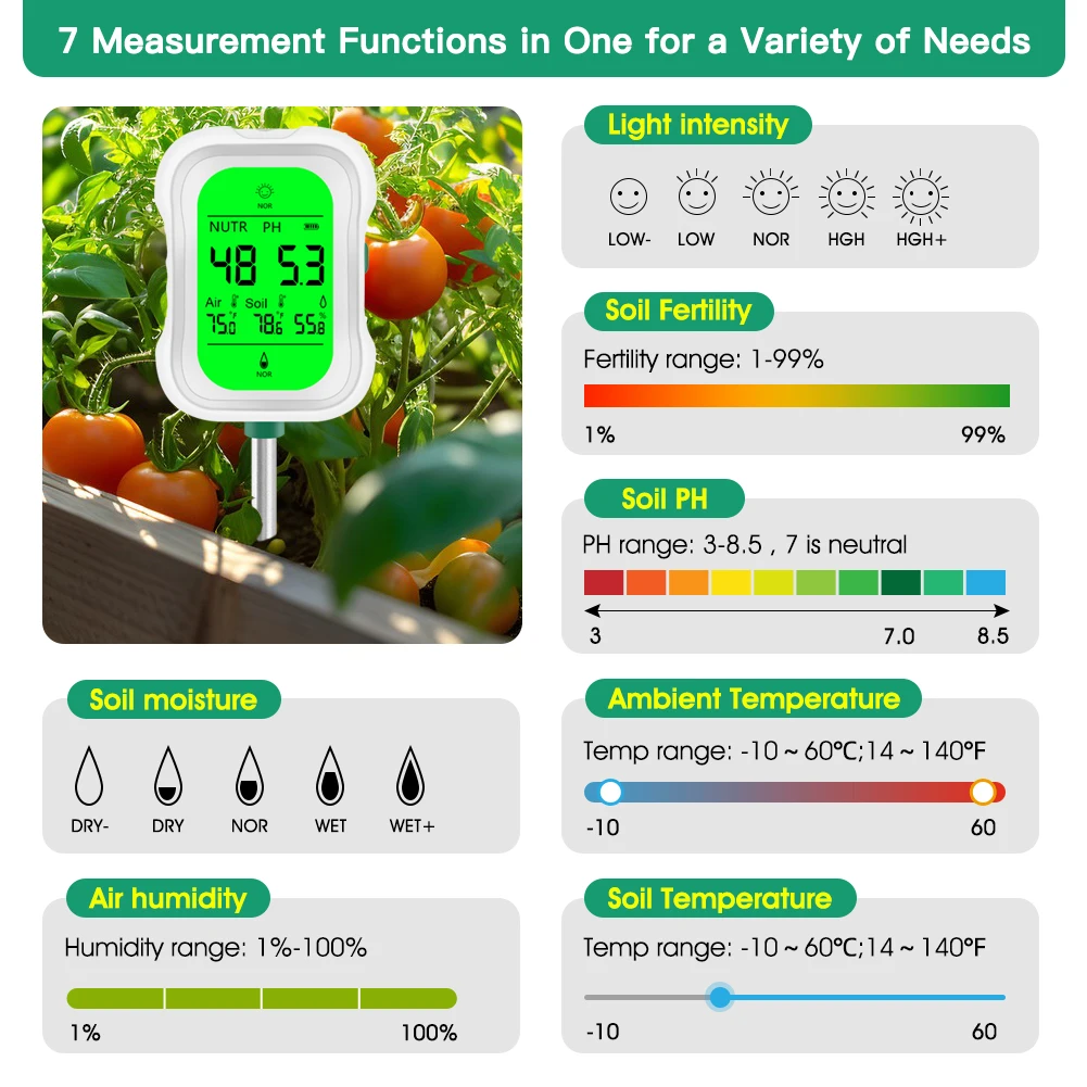 Soil Meter Digital pH Moisture Fertility Light Temp Humidity Analyzer for Garden