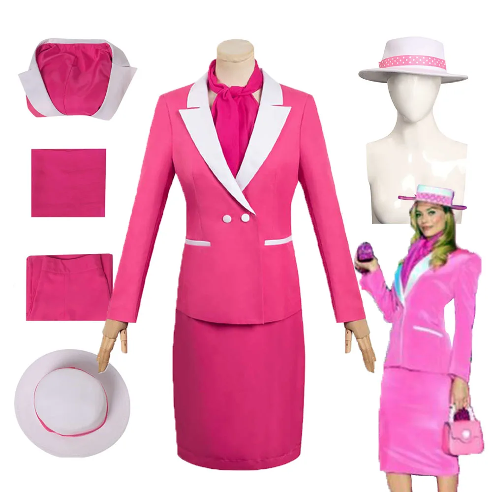 

Barbier Margot Cosplay Costume Pink Uniform Coat Skirt Hat Fantasia Adult Girls Women Halloween Carnival Party Disguise Suit