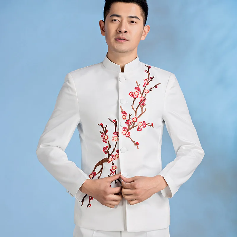 

Chinese Tunic Embroidered Flower Suits Stand Collar Long Sleeve Button Up Suit Blazer Pants Set Men Performance Dress Suits 3xl