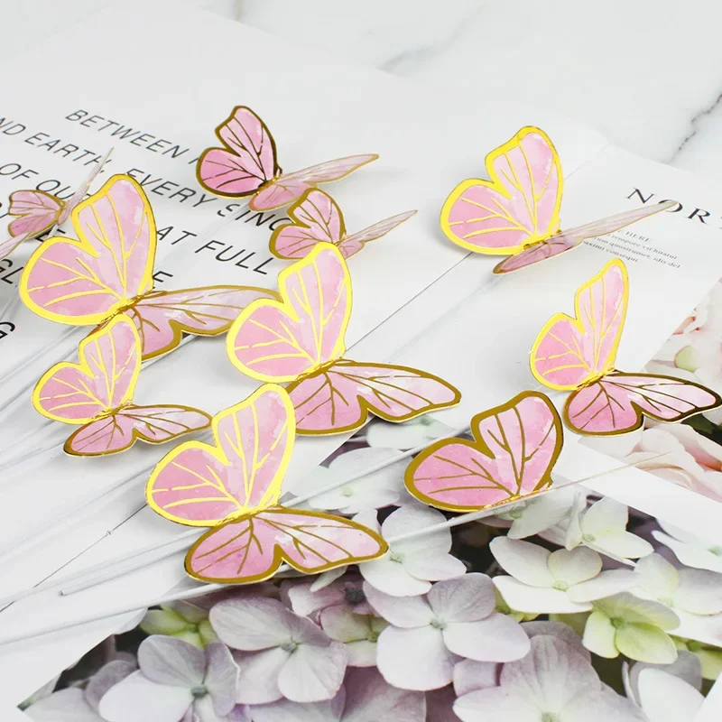 Cake Topper 10pcs Stamping Gold Pink Butterfly Cake Toppers Princess Girl Wedding Happy Birthday Party Decor Dessert Cake Decor Butterfly