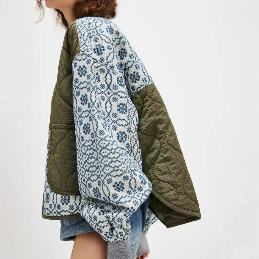 Cotton Printed Puff Sleeve Collarless Spliced Button Lightweight Cotton Jacket for Autumn/Winter 2025