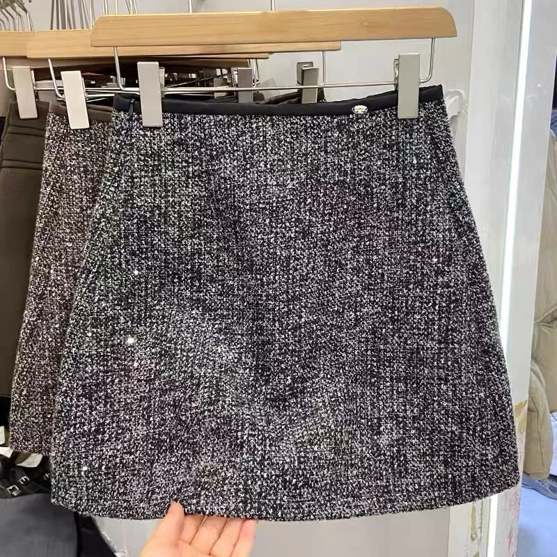 

Sequin Tweed Half Skirt for Women Autumn Spring High Waist A-line Wrapped Hip Skirt Korean Japan Popular Elegant Short Skirt