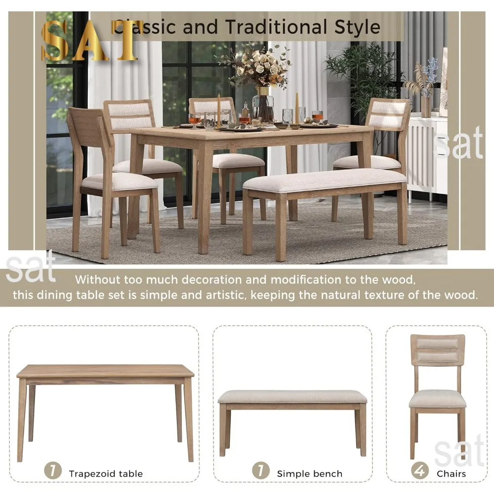 6-Piece Wooden Dining Table Set with 4 Upholstered Chairs and 1 Bench, Natural Wood Wash, Kitchen Table Sets
