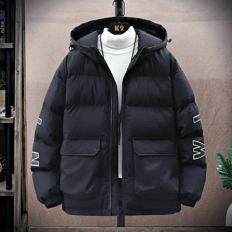 Fashion Youth Men Winter Letter Embroidery Large Pocket Hooded Cotton-Padded Jacket Unisex Parkas Thick Warm Fashion Windbreaker