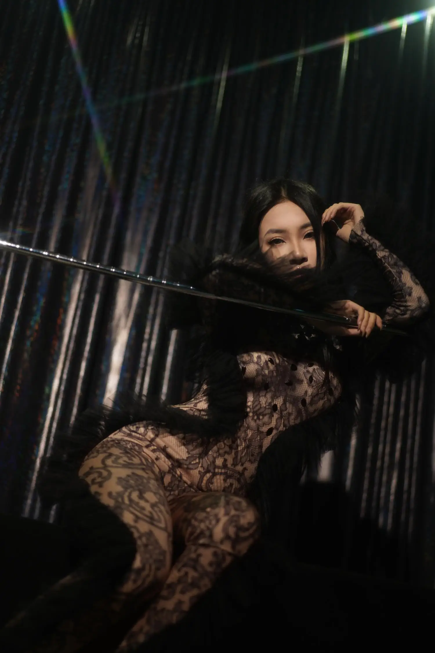 Drag Queen Club Pole Dance Clothing Fashion Stone Black Lace Printed Jumpsuit Woman Birthday Celebrate Party Pants Heihuzi