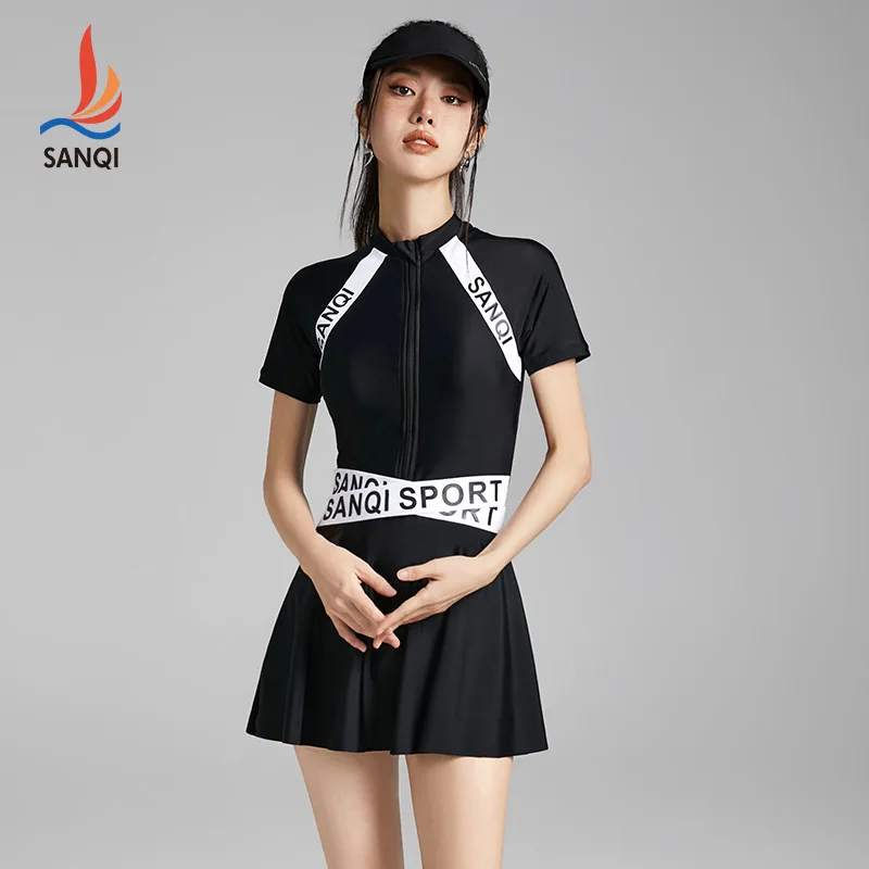 Lady Short Sleeve Athletic WaterProof Spandex Swim Skirts For Female One Piece Quick-Drying Nylon Beach Surfing Bathing Skirts