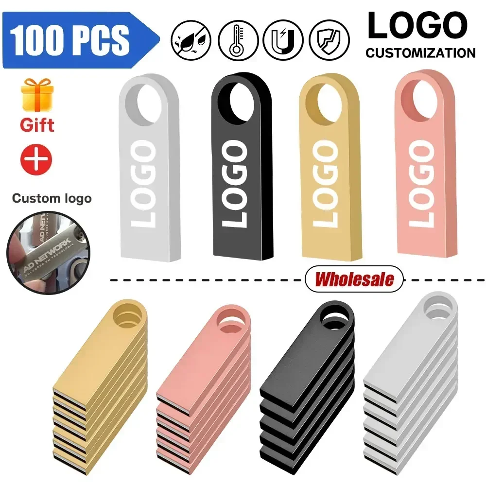 

100PCS Free Custom LOGO Flash Drives Metal 64GB Free logo Black 32GB Pen drive 16GB Memory stick Free key chain U disk 8GB 4GB