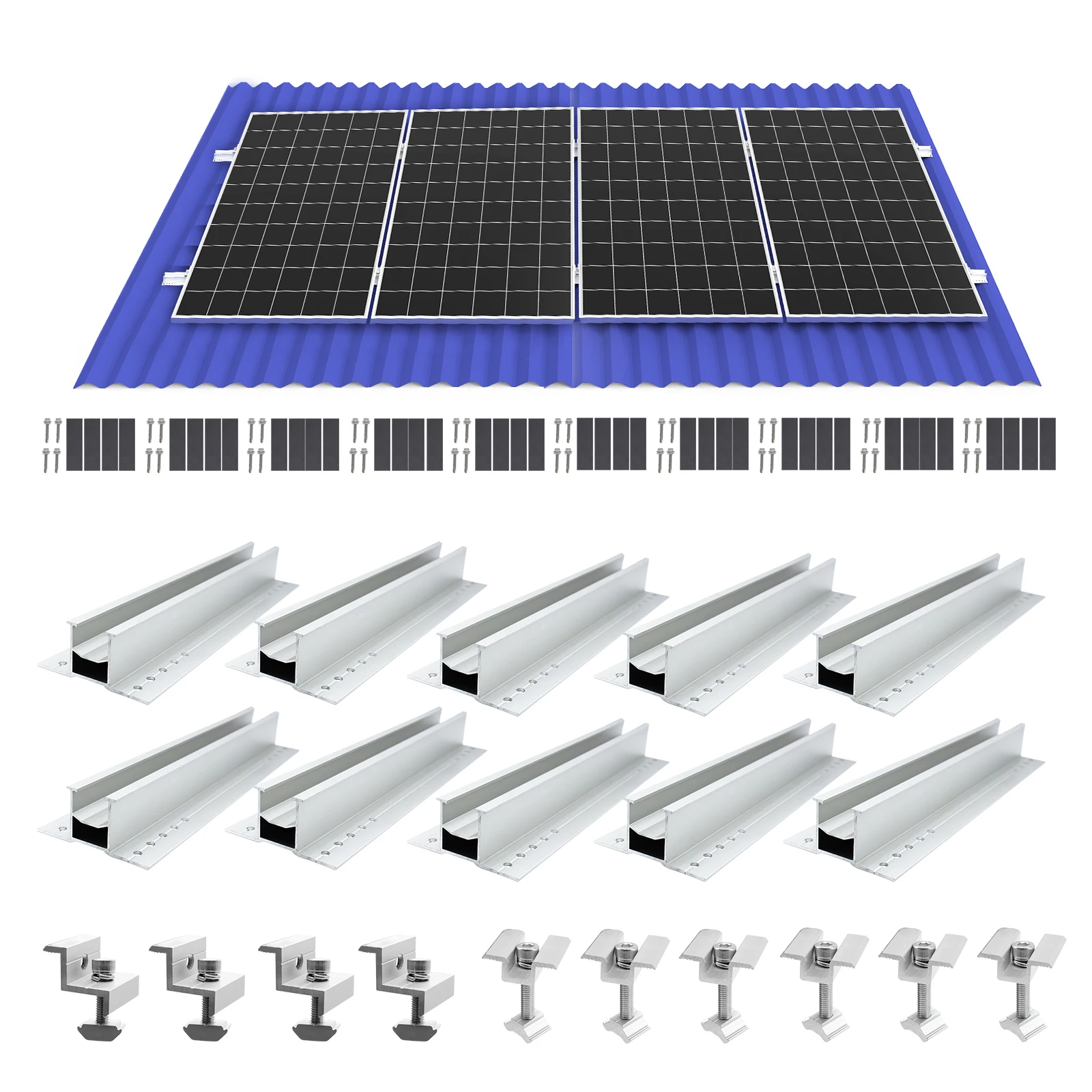Solar Panel Mount Bracket T-Shaped trapezoidal Rail Middle Clamp End Clamp and Rubber Pad for Shingle and Any Other Flat Surface