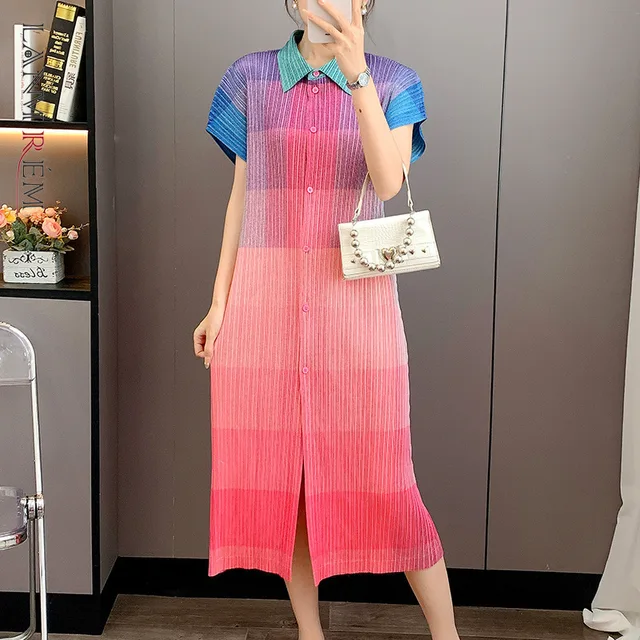 LANMREM Pleated 2025 New Printed Turn-down Collar High-end Women's Dress Gradient Colorblock Single Breasted Dresses 2DB3743