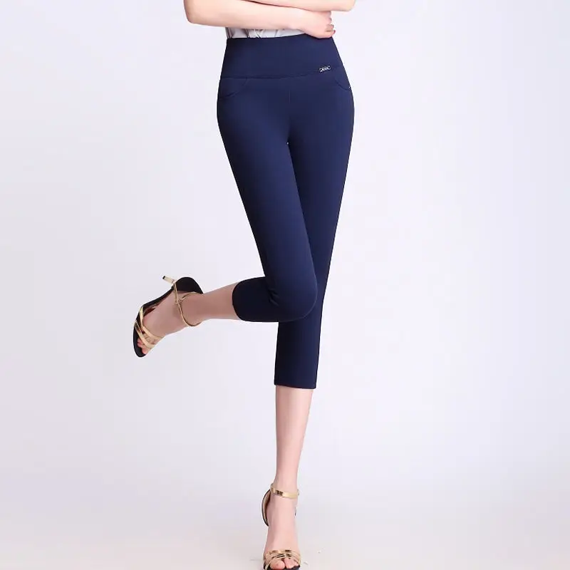 

Korean Fashion Middle Age Women Solid Pencil Capri Pants Spring Summer High Waist Elastic Pockets Casual Trousers Big Size 5XL