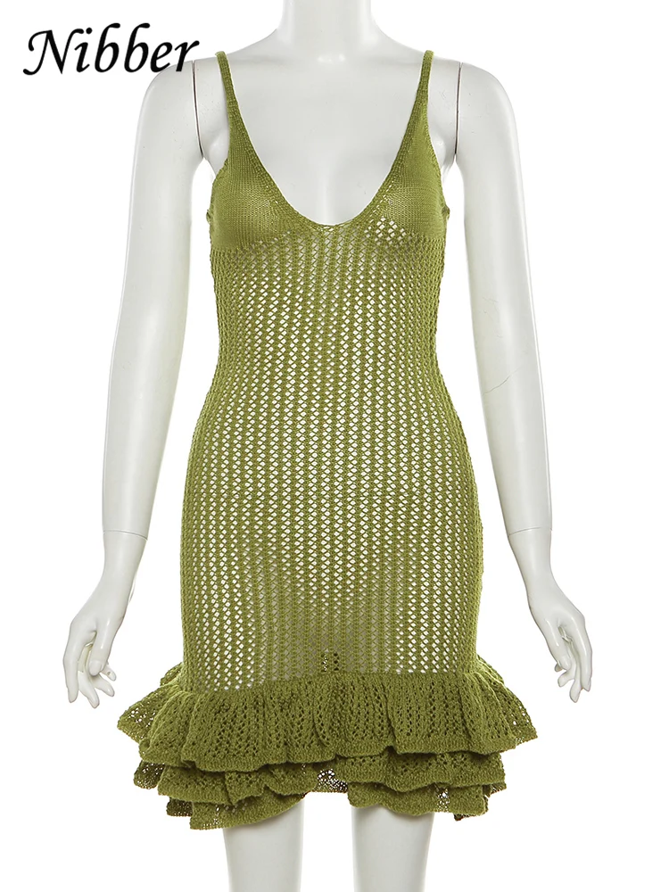 Nibber Knitted Tierred Mini Dress Women Solid See Through Strap Deep V-neck Bodycon Female Midnight Classic Clubwear Clothing