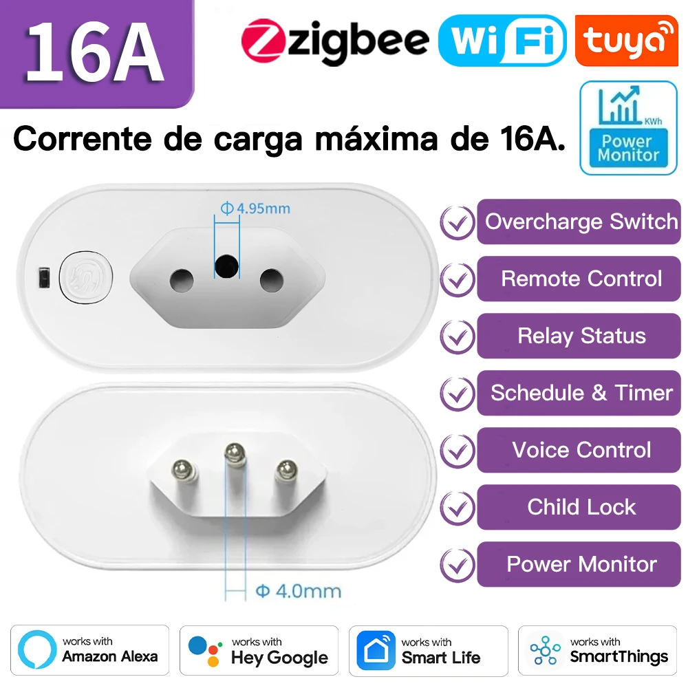 TNCE Tuya Brasile Spina 16/20A WiFi o Zigbee, presa con monitor di alimentazione, telecomando APP Smart Life, voce per Google Home Alexa