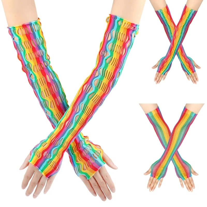 

Women Distress Hollowed Fingerless Rainbow Gloves Y2K Girl Subculture Carnival Party Long Fishnet Gloves Roleplay Costume Gloves