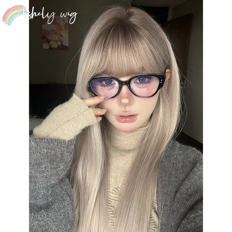 Ashely Emo Wig with Bangs 24inch Long Straight Hair Wig High Temperature Fibers Ombre Brown Fashion Headband Synthetic Wigs