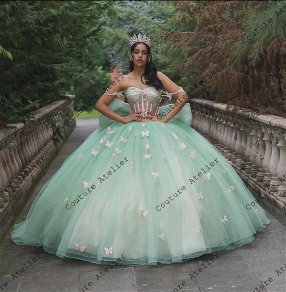 Sage Green Quinceanera Dresses Pink Butterfliy Bow Ball Gown