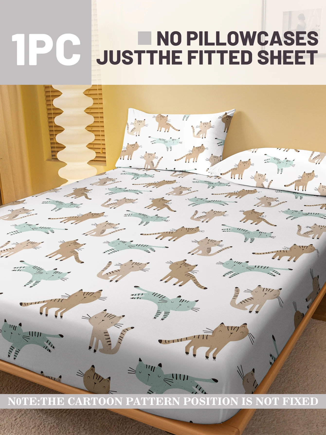 1 Cartoon Cute animal Cat Printed Matte Fitted Sheet, Bedroom Printed Bed Cover, Bedding (Excluding Pillowcases) 2