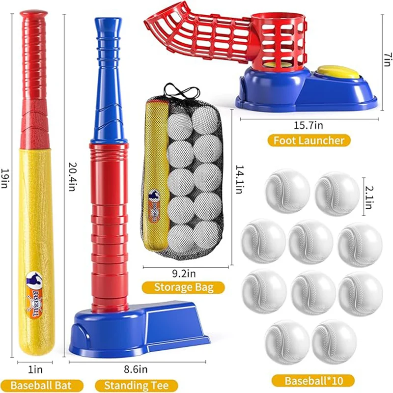 2 in 1 Tee Ball Set toy for Baseball Tee, including 10 balls、Step on Pitching Machine、Batting Tee． Outdoor toys for aged 3-8 2