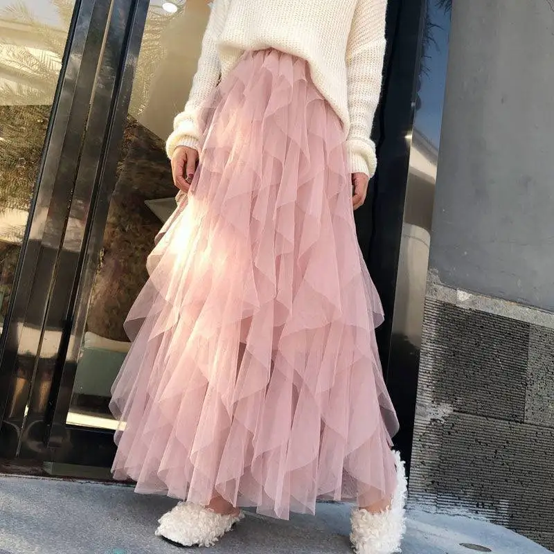 

White Skirt Female Autumn Long Pink Women Fairy Irregular High Waisted Pleated Puffy Mesh Cake Skirts