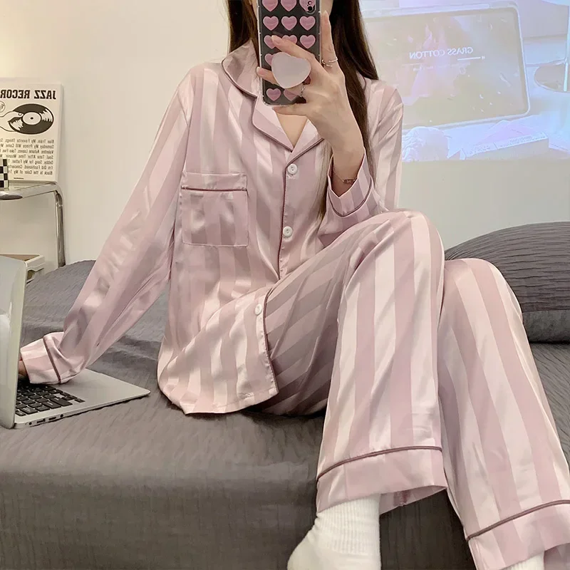 Pajamas Sets High-quality Light Luxury Silk Women's Sleepwear Spring Autumn Long-sleeve Cardigan Fashion Ice Silk Home Clothing pajamas sets high quality light luxury silk women s sleepwear spring autumn long sleeve cardigan fashion ice silk home clothing