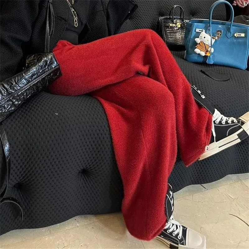 

Red High Waisted Knitted Floor Mopping Wide Leg Pants For Women's Autumn Winter New Casual Pants Loose Korean Version Commuting