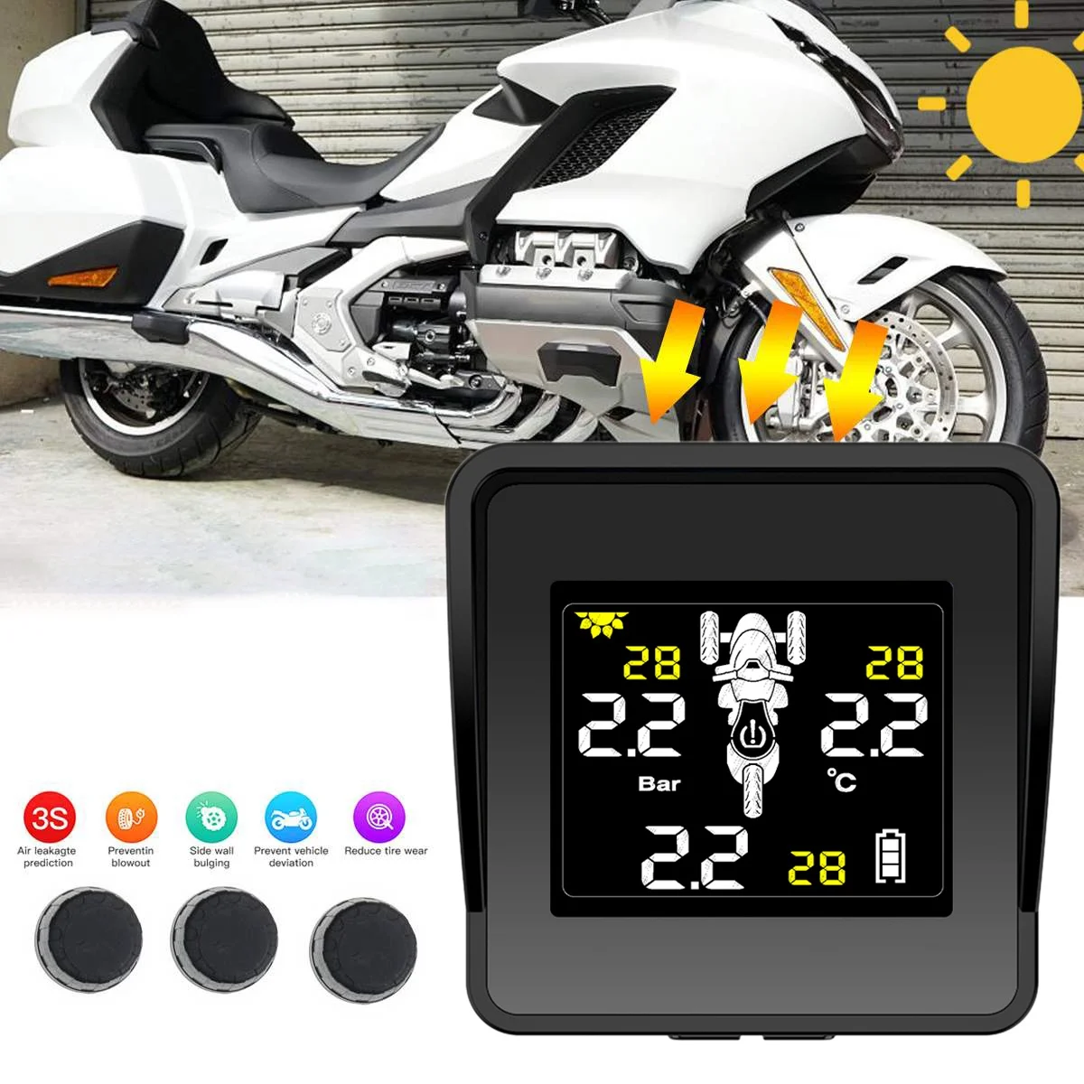 Solar Wireless Tire Pressure Monitoring System Motorcycle TPMS Tire Pressure Monitor LCD Display 3 External Sensors