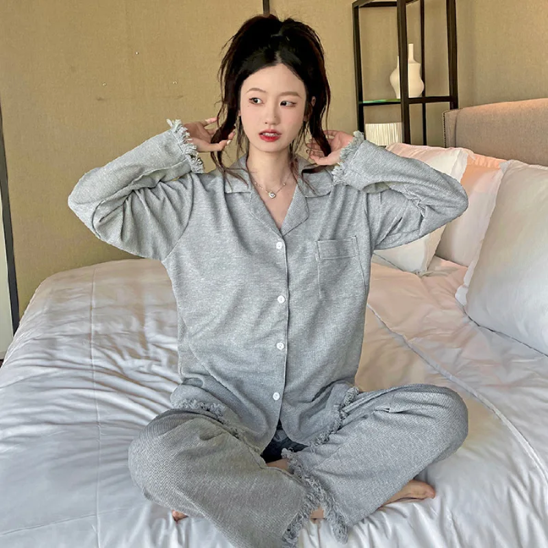 Women 2 Pieces Pajamas Sets 100% Cotton Pijama Solid Female Pyjama Sleepwear Long Sleeve Shirt Pants Suit Homewear Loungewear