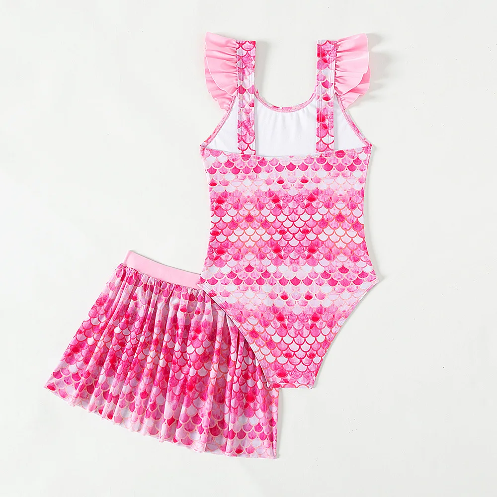 One Piece Swimsuit Girls One Piece Swimsuit with Beach Skirt Mermaid Print Kids Summer Swimwear