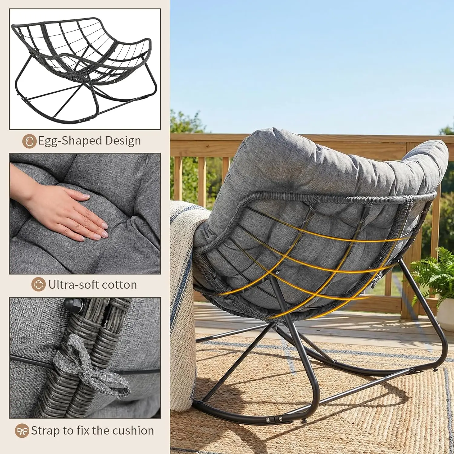 Schaukelstuhl Rattan,Schaukelsessel Oversized,Relaxsessel,Ei-Schaukelstuhl,Loungesessel mit dickem Abnehmbar Polster & Metallrahmen,Belastung von 150kg,für Garten Balkon Wohnzimmer – Detail 9