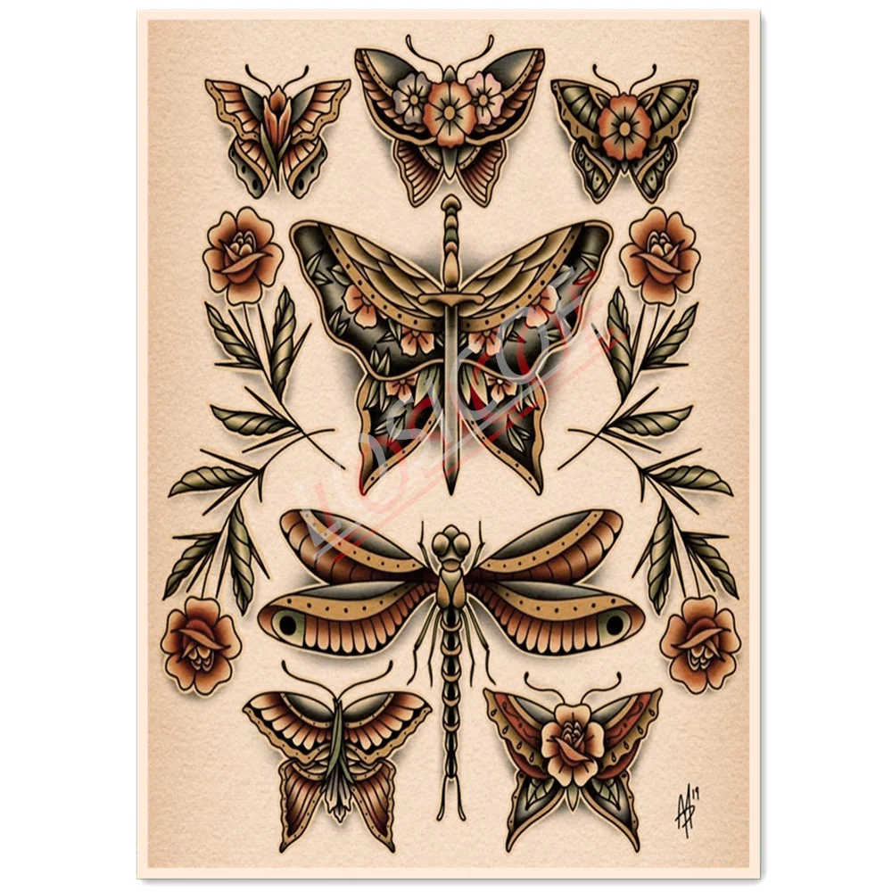 

Butterfly Traditional Tattoo Art Poster and Prints Wall Art Mural Vintage Kraft Paper Painting Wall Stickers Bar Cafe Home Decor