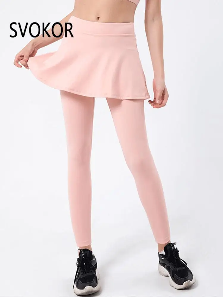 

SVOKOR Fake Two-Piece Women Legging Butt Lifting Workout Gym Yoga Pants Ruffled Tight Naked Feeling Elastic Sports Trousers