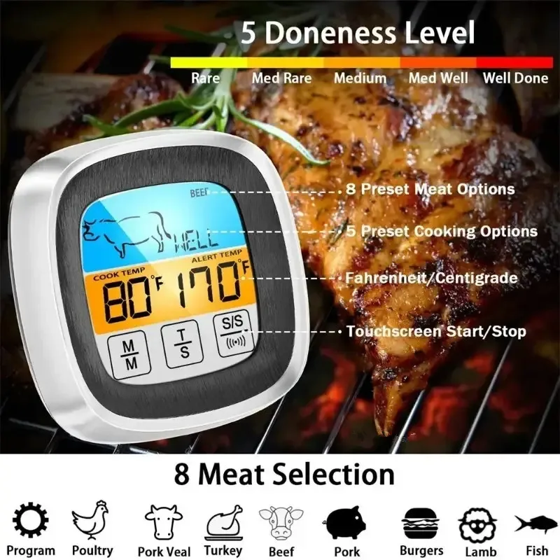Digital Kitchen Food Thermometer Probe 1pc Touch Screen Barbecue Meat Temperature Measure Steak BBQ Timer Cooking Tools