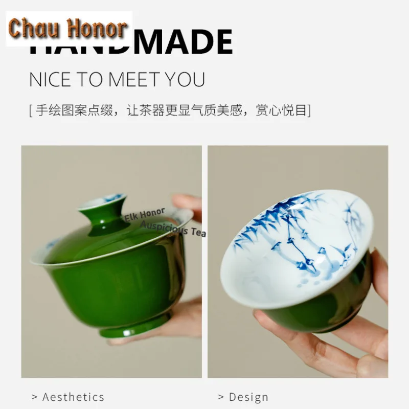 150ml Hand-painted Blue Bamboo Gaiwan Creative Tea Tureen Tea Bowl With Lid Kit Tea Brewing Cover Bowl Teaware Collection Gift