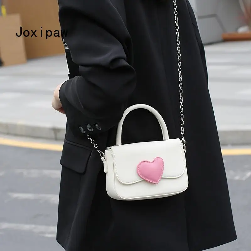 Pink Heart Contrast Small Handbag for Women Fashion Simple Casual Chain  Crossbody Bag Female Pu Leather Mini Shoulder Bags 2022