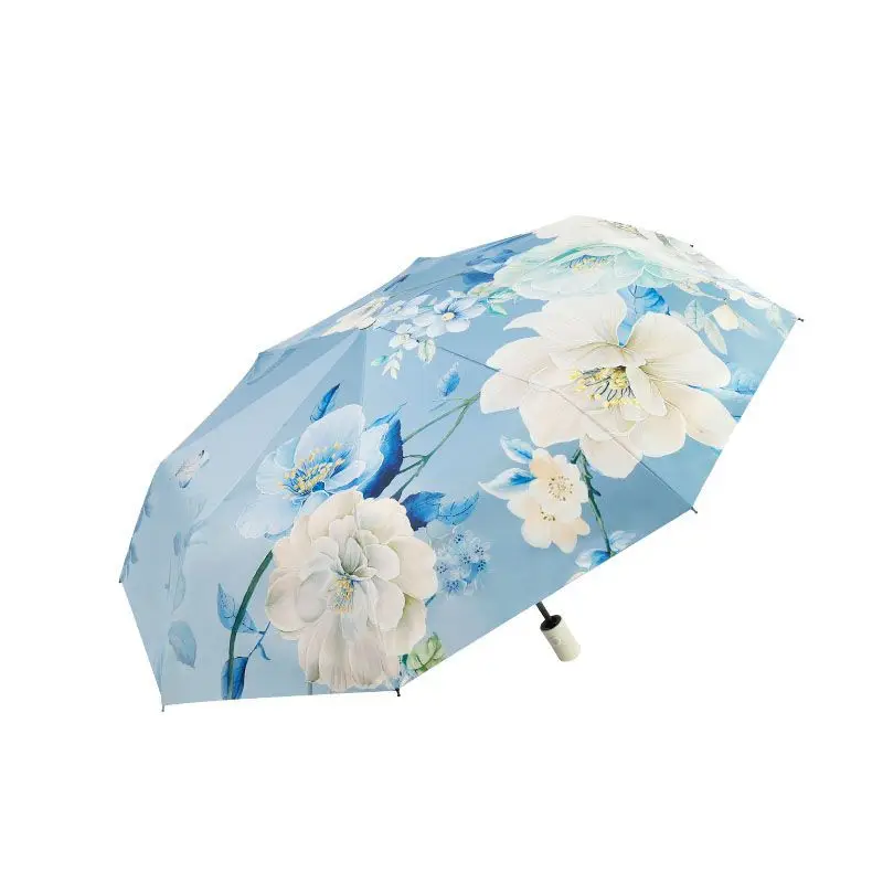 Triple Fold Umbrella Chinese Style Peony Sun Protection Umbrella Anti UV Clear Sun Folding