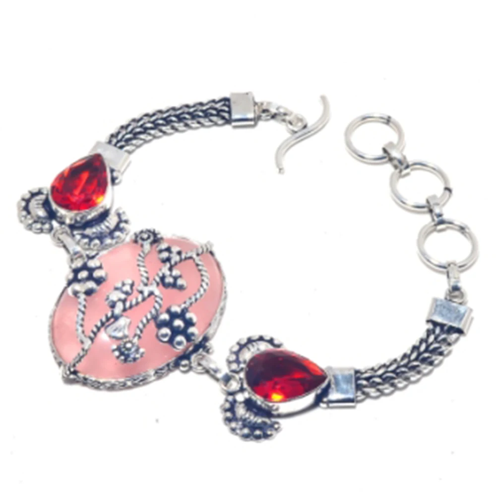 Quarzo rosa, granati bracciale argentati sovrapposti su rame, 20.7cm , B3838