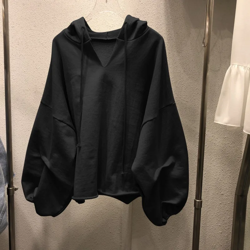 Cotton Sweater Hooded Thin Loose Solid V-neck Top Women Clothing